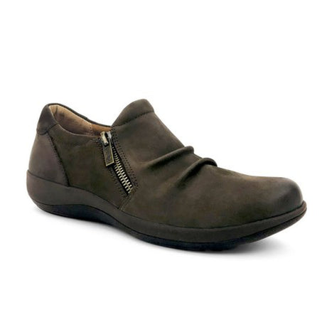 Aetrex Katie Women’s Side Zip Slip-On in Dark Earth faux leather with a sleek design, featuring side zipper, hook-and-loop adjustability, cushioned sole, and built-in arch support. Style #DM552WM