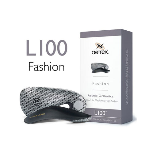 Top view of the Aetrex Fashion Orthotic C/N showing a sleek, ultra-thin insert with a smooth polyurethane leather surface and contoured arch support.