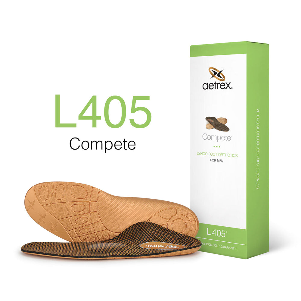 Men’s Aetrex Sport Orthotic insole with a sleek black and copper design, featuring built-in arch and metatarsal support, shock-absorbing padding, and a cupped heel for stability—designed for athletic and all-day comfort.