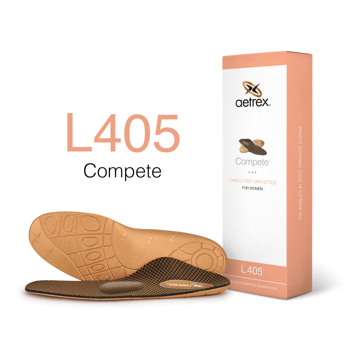Women’s Aetrex Sport Orthotic insole with a black and copper tri-density design, featuring built-in metatarsal support, a cupped heel, and moisture-wicking top cover—ideal for high arches and active footwear.

