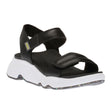 Black sport sandal with three adjustable hook & loop straps, contoured cushioned footbed, and 1.8-inch wedge heel. Designed with water-friendly materials and built-in arch support for stability and comfort.