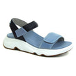 Blue water-friendly sport sandal featuring three adjustable hook & loop straps, contoured cushioned footbed, and 1.8-inch heel. Designed with built-in arch support and antimicrobial faux leather upper.