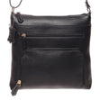 La Diva black pebbled leather crossbody handbag featuring multiple front zippered pockets and shoulder strap. Style #R18812STL