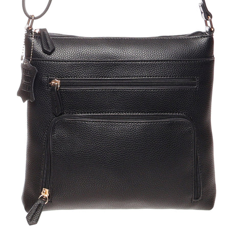 La Diva black pebbled leather crossbody handbag featuring multiple front zippered pockets and shoulder strap. Style #R18812STL