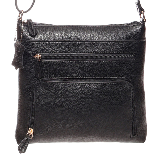 La Diva black pebbled leather crossbody handbag featuring multiple front zippered pockets and shoulder strap. Style #R18812STL