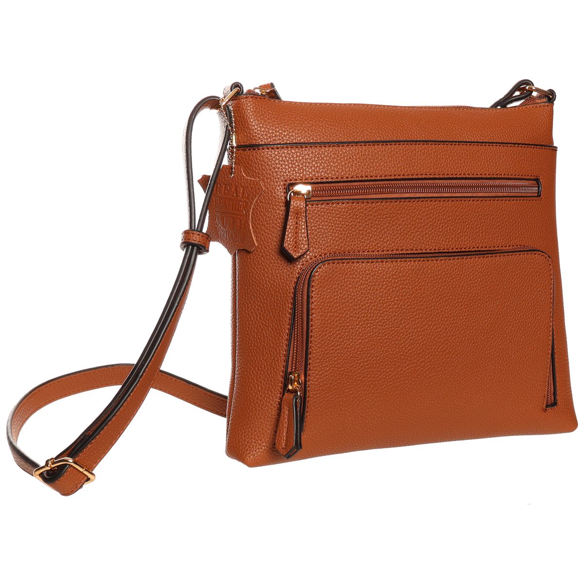 La Diva cognac brown pebbled leather crossbody handbag featuring front zipper pockets and adjustable shoulder strap. Style #R18812STL