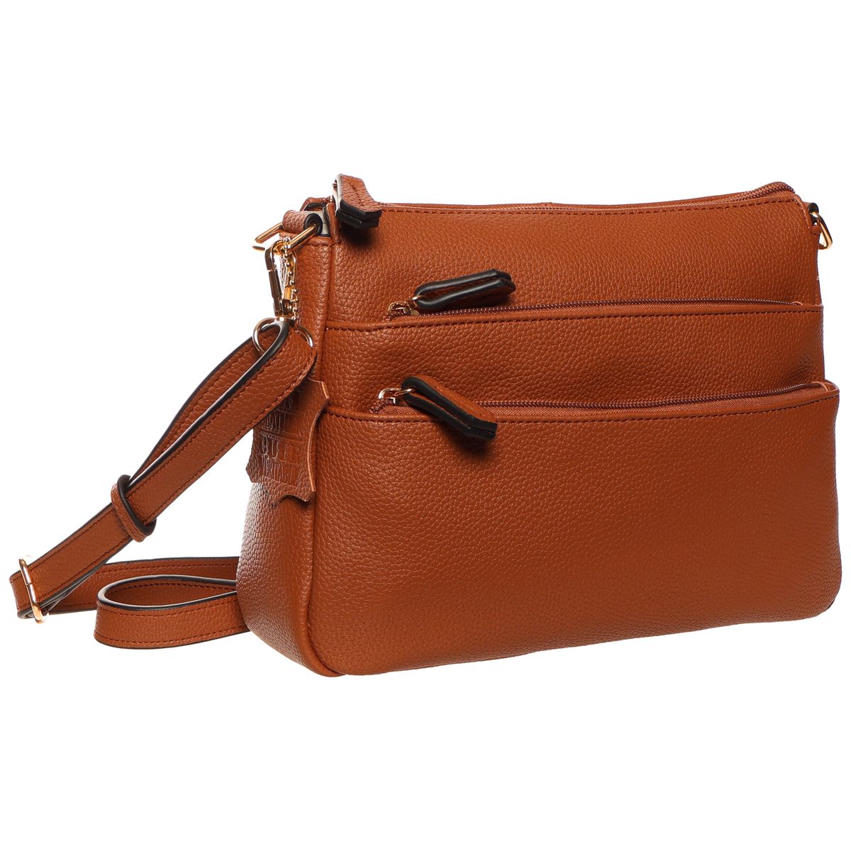 La Diva cognac brown pebbled leather crossbody handbag with multiple zip pockets and adjustable strap. Style #R18813STL
