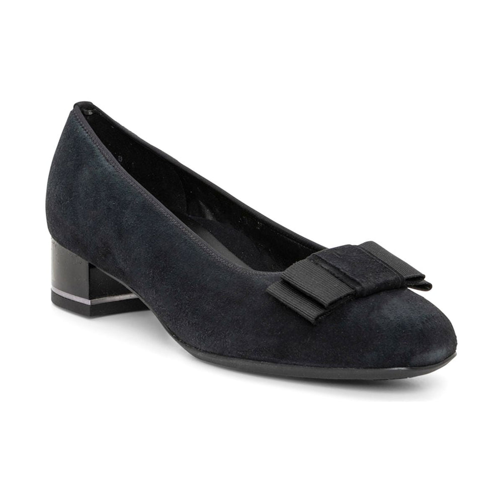 Women’s black calf leather block heel pump with rounded toe, decorative bow on the vamp, elasticized topline for a snug fit, cushioned interior, and low 1.4-inch block heel with flexible sole for comfortable, elegant wear. Style #11884-81