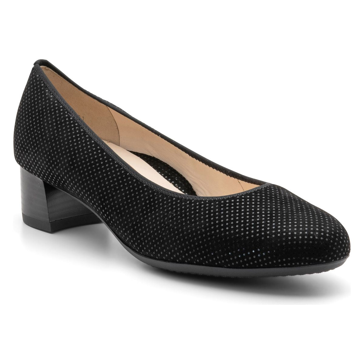 Classic black leather women's pump with a 35 mm block heel, elastic topline, and cushioned insole for elegant all-day comfort. Style #16601‑91