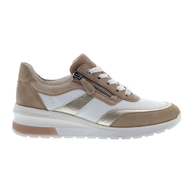 Women’s low‑top wedge sneaker in smooth tan leather with rounded toe, lace‑up front, and functional side zipper. Features a hidden wedge heel, removable cushioned insole, and lightweight flexible sole for comfortable, stylish everyday wear. Style #18414-06