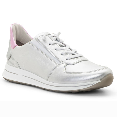 Women’s low-cut lace sneaker in white leather and shell-toned suede with elastic tongue and stretchy laces, flat flexible sole, and removable cushioned insole. Style #24836-15 Hands free step in technology. 