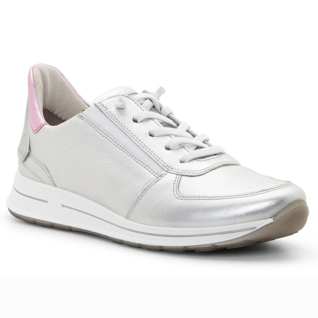 Women’s low-cut lace sneaker in white leather and shell-toned suede with elastic tongue and stretchy laces, flat flexible sole, and removable cushioned insole. Style #24836-15 Hands free step in technology. 