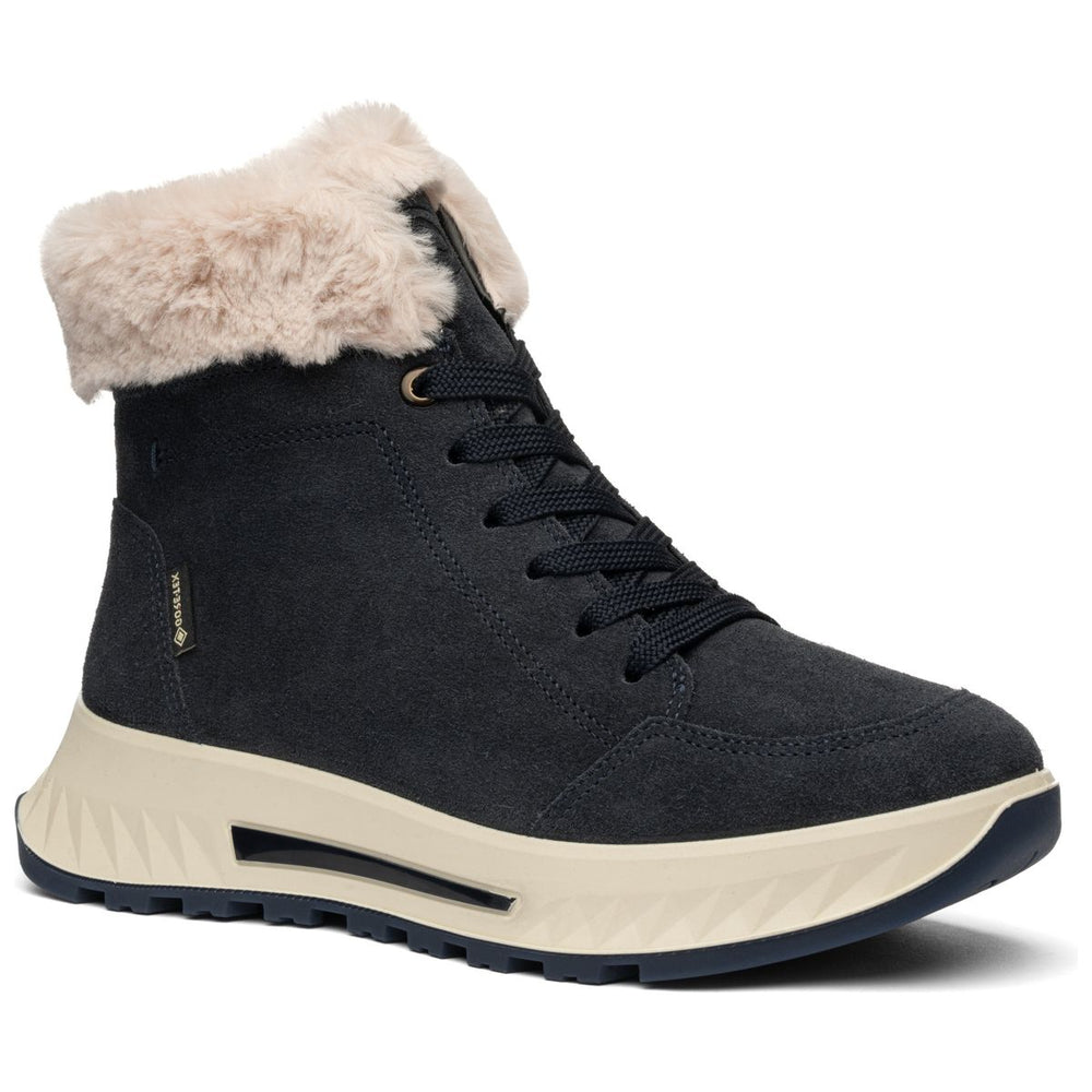 Ara blue-grey suede waterproof winter boot with plush faux fur collar, lace-up front, and cream platform sole. Style #26417-02