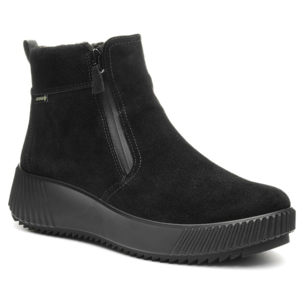 Ara black suede waterproof ankle boot with side zip closure and ribbed wedge platform sole. Style #26905-01