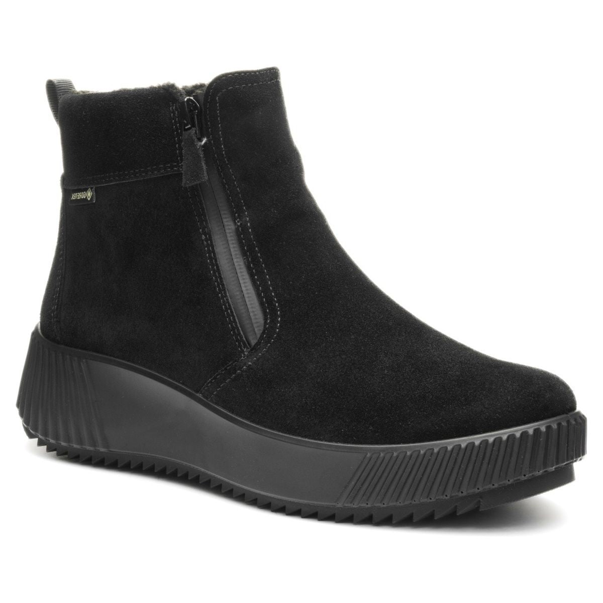 Ara black suede waterproof ankle boot with side zip closure and ribbed wedge platform sole. Style #26905-01