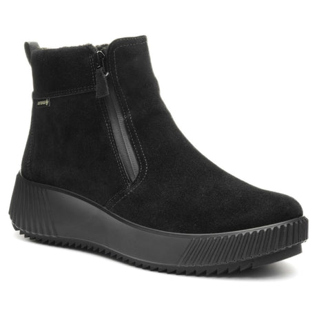 Ara black suede waterproof ankle boot with side zip closure and ribbed wedge platform sole. Style #26905-01