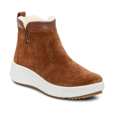A brown Dahlia GORE-TEX ankle boot with a zipper, plush lining, and a white sole. Ara Dahlia Zip GORE-TEX® Boot – Nut