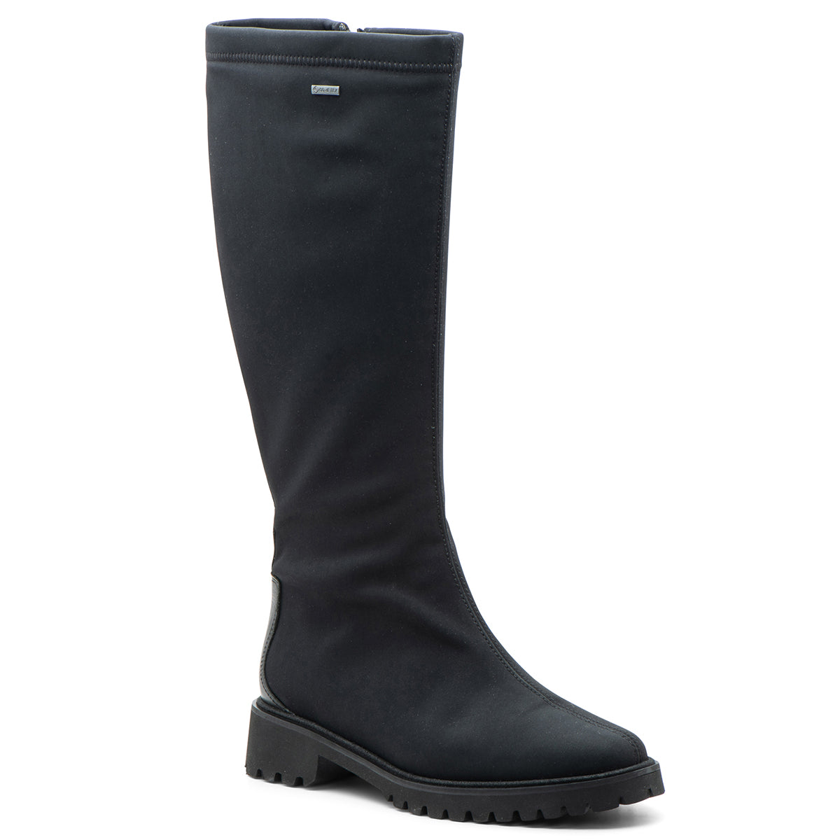Black mid-height leather and textile boot with side zipper, low 1¼" heel, and GORE-TEX waterproof membrane, featuring cushioned insole and sleek, versatile design. Style #31222-01