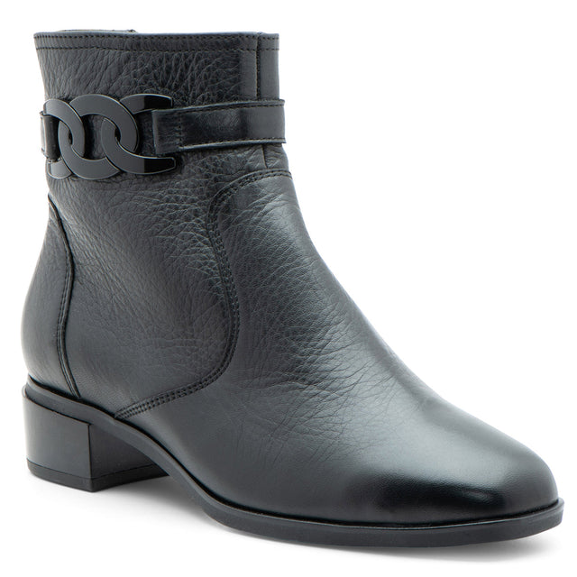 Women’s ankle‑height boot in smooth black leather with rounded toe, low block heel, and decorative chain detail across the vamp. Features a removable cushioned insole, flexible sole, and HighSoft comfort technology for stylish, all‑day wear. Style #31803-01