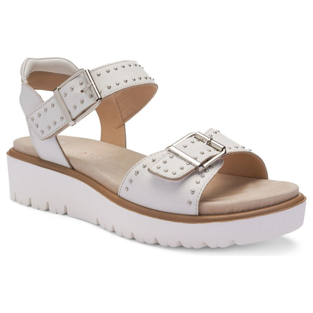 Ara white leather wedge sandal with silver stud accents, double adjustable buckle straps, and white platform sole. Style #33517-04