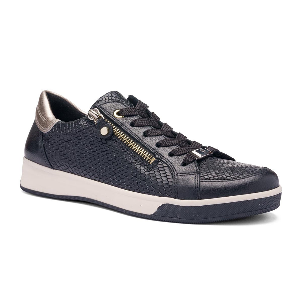 Women’s black textured leather sneaker with a side zipper, silver heel accent, and a white sole. Style #34432-70