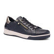 Women’s black textured leather sneaker with a side zipper, silver heel accent, and a white sole. Style #34432-70
