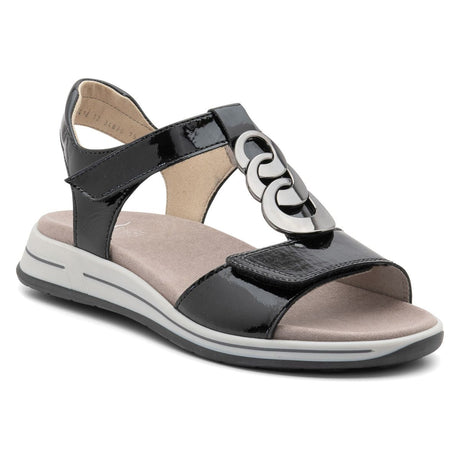 Women’s open‑toe sandal in smooth black leather with two adjustable hook‑and‑loop straps, removable cushioned insole with arch support, and lightweight flexible sole for comfortable, supportive everyday wear. Style #34826-76