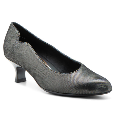 Women's black shimmering metallic kitten heel pump with a notched collar, style # 41408-01.