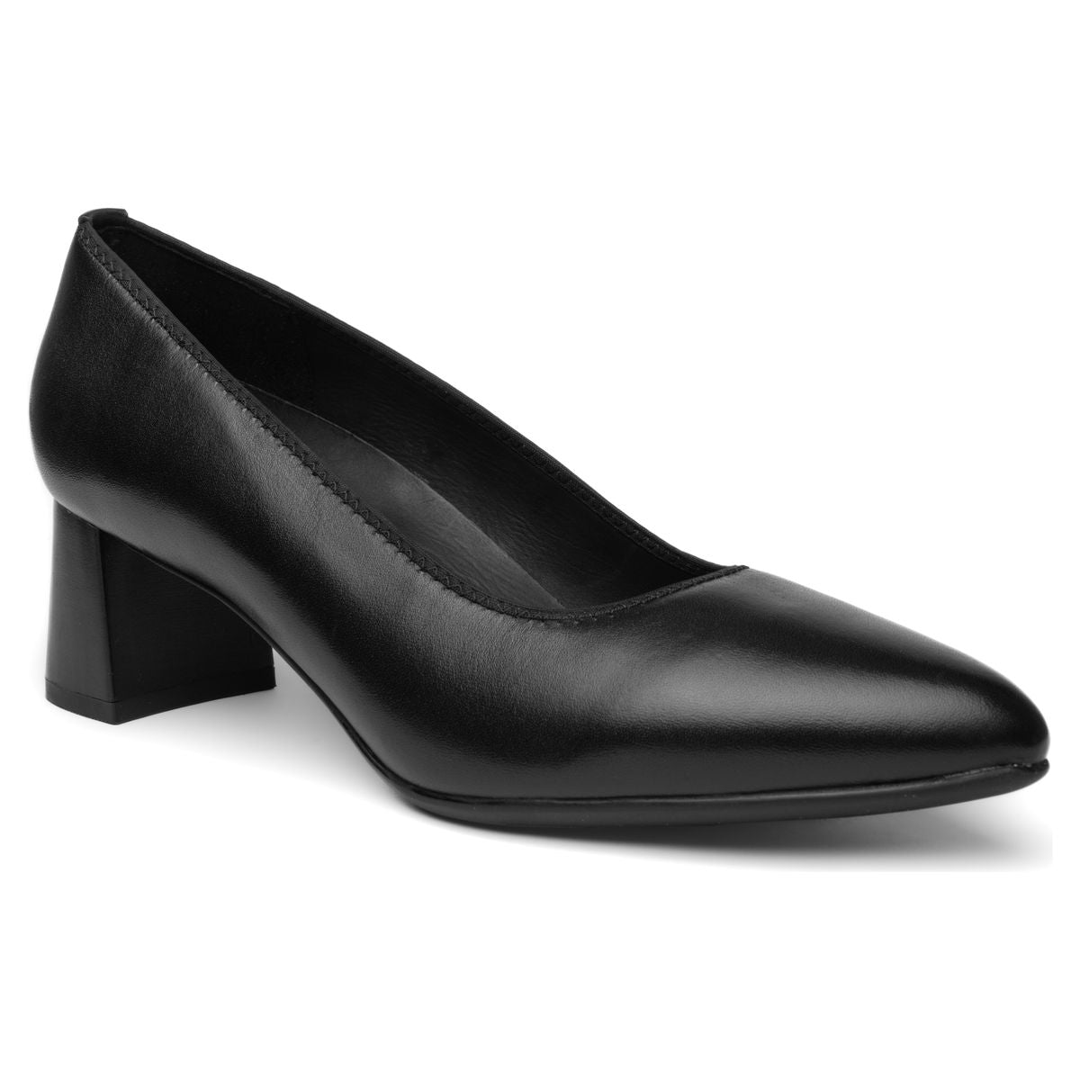 Ara black leather dress pump featuring a tapered almond toe and a sturdy, mid-height block heel. Style #52402-01