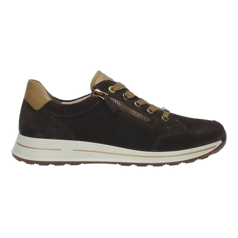 Ara dark brown suede sneaker with tan leather accents, side zipper closure, brown laces, and white sole. Style #54801-68
