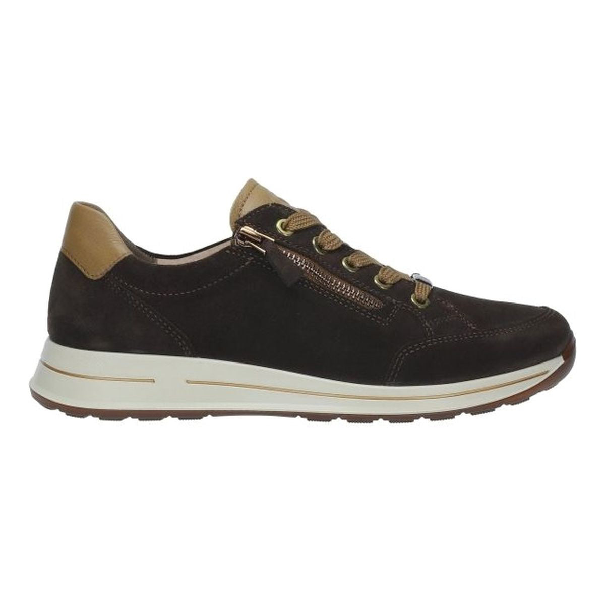 Ara dark brown suede sneaker with tan leather accents, side zipper closure, brown laces, and white sole. Style #54801-68