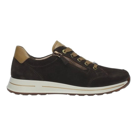 Ara dark brown suede sneaker with tan leather accents, side zipper closure, brown laces, and white sole. Style #54801-68