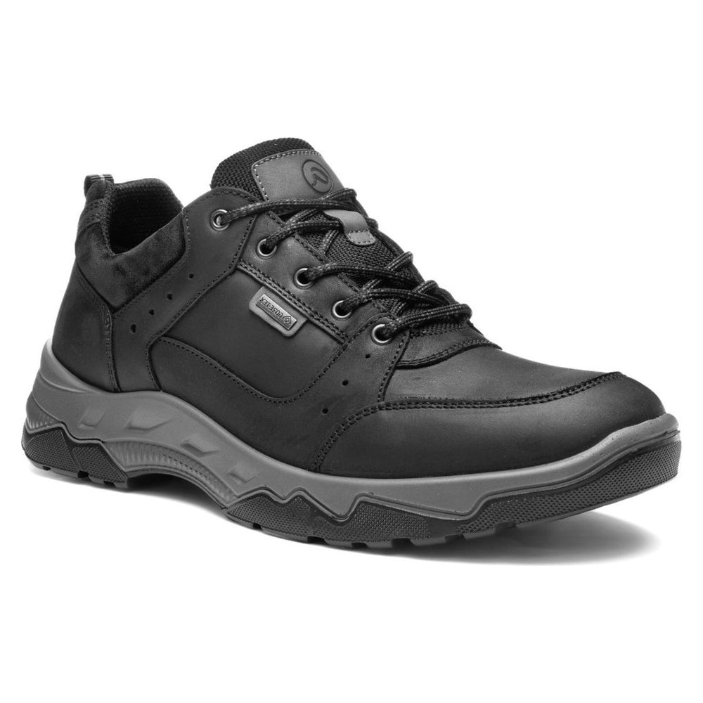 Black leather lace-up shoe with a textured grey sole and padded ankle collar. Style #38505-01