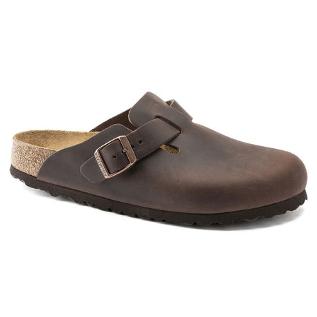 Dark brown Birkenstock Boston oiled leather clog with an adjustable strap and buckle, 860131.
