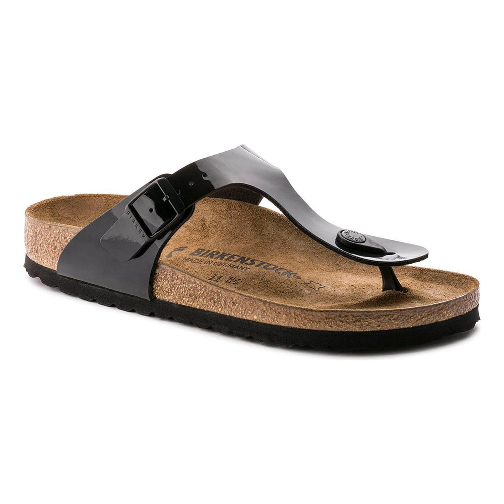 A black patent Birkenstock Gizeh Birko-Flor thong sandal with an adjustable strap and a cork footbed for women.