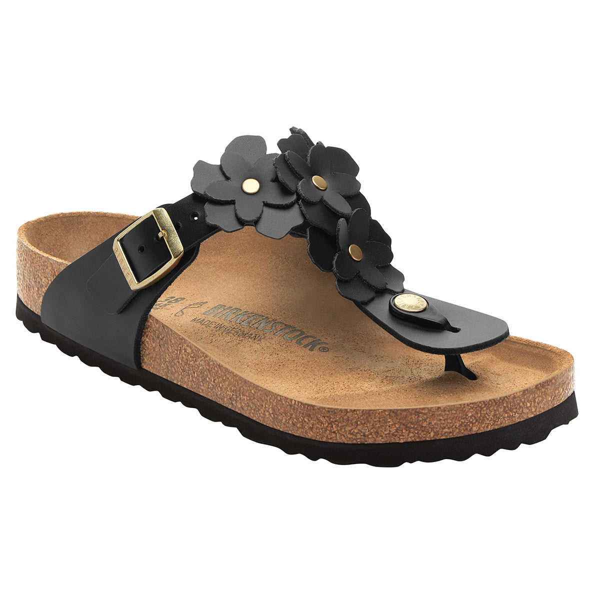 Birkenstock Gizeh Flower toe thong sandal with leather detailed flowers on the top in Black. Adjustable strap and all day comfort at Walking On a Cloud. 