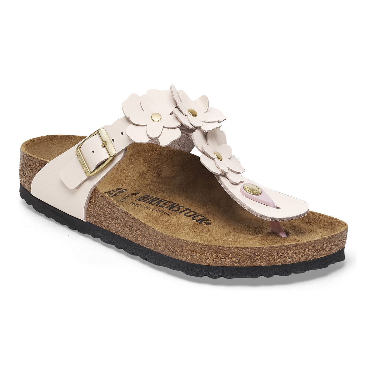 Birkenstock Gizeh Flowers  Leather toe thong sandal in Light Rose—floral leather upper, contoured cork footbed, and a soft suede lining for all-day support. Available at Walking On a Cloud