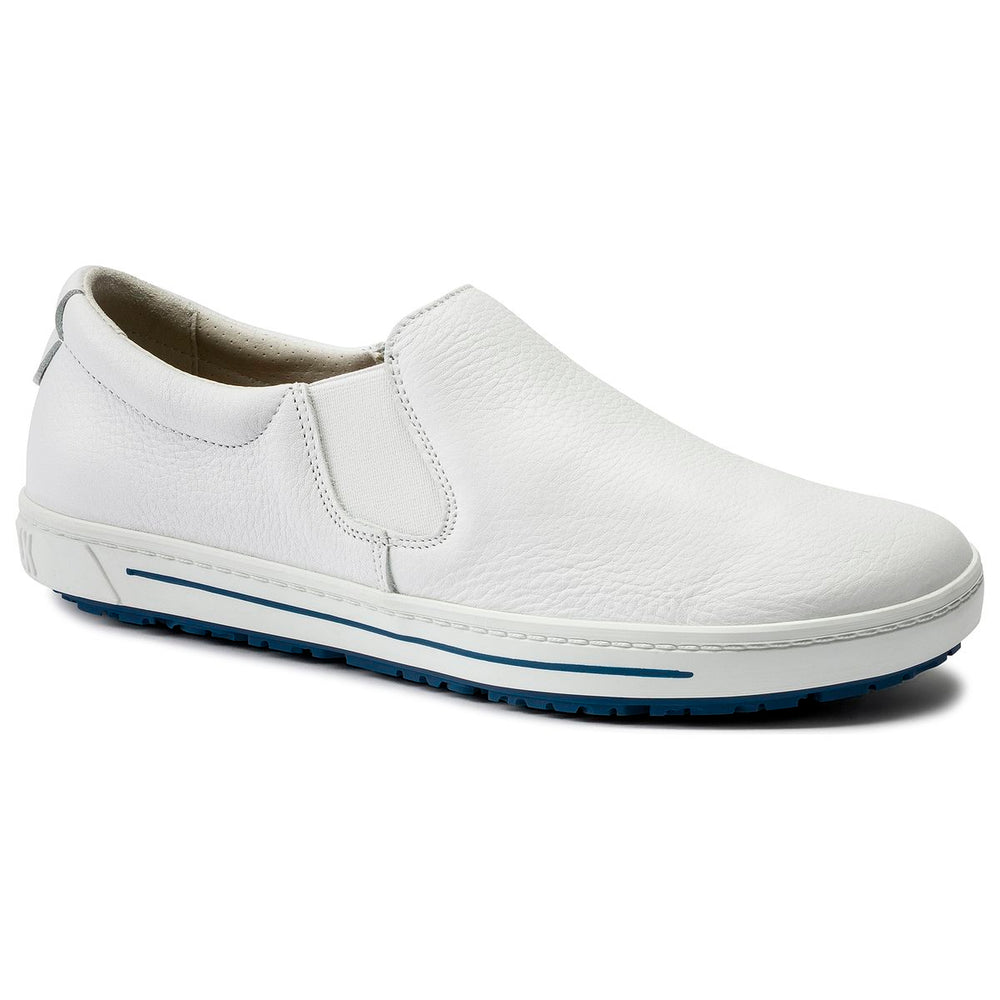 Unisex white leather slip-on work sneaker with elastic gussets and a blue slip-resistant sole. Style #1011241