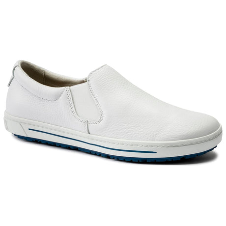 Unisex white leather slip-on work sneaker with elastic gussets and a blue slip-resistant sole. Style #1011241