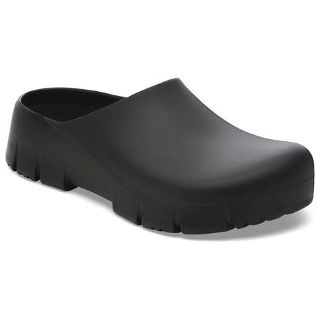 Unisex black molded polyurethane slip-on clog with a textured, slip-resistant lugged outsole. Style #1025969.