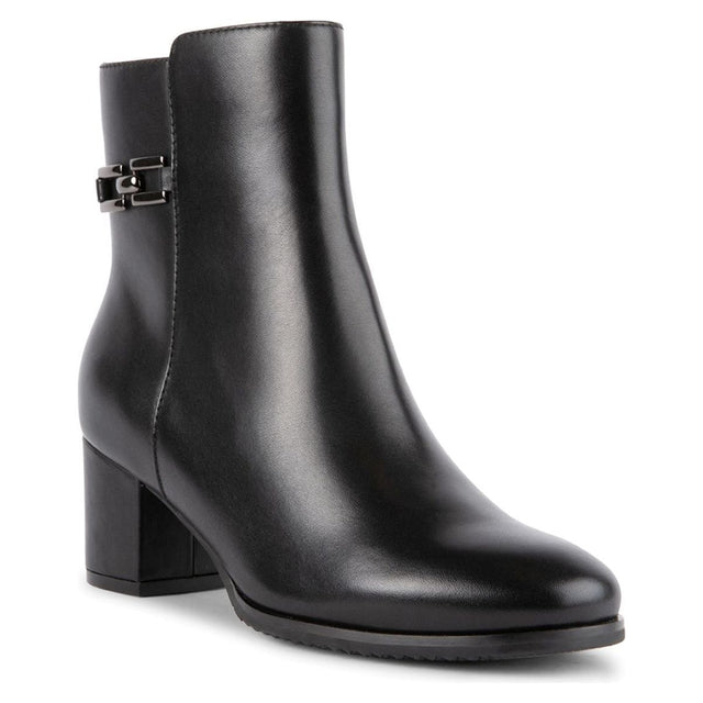 Blondo black leather waterproof ankle boot with block heel, side buckle hardware, and almond toe. Style #B7830.