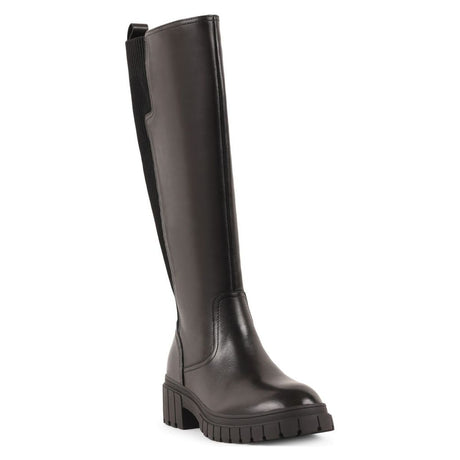 Blondo black leather knee-high boot with elastic knit back panel, chunky lug sole, and block heel. Style #B8041