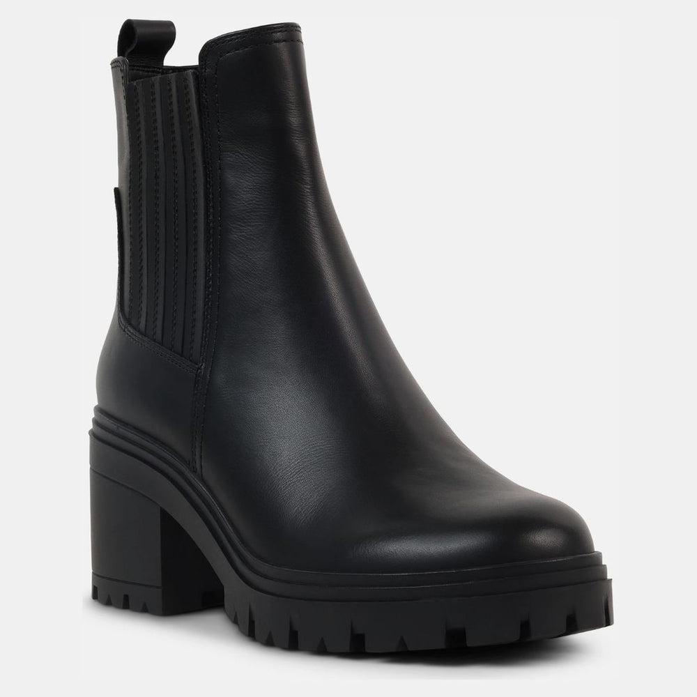 Blondo smooth black leather ankle boot with ribbed side elastic goring, chunky block heel, and lug sole. Style #B7942