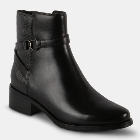 Blondo Gail Women’s Waterproof Leather Boots in smooth leather with lizard texture, plaid velour lining, leather stack heel, and rubber lug outsole.