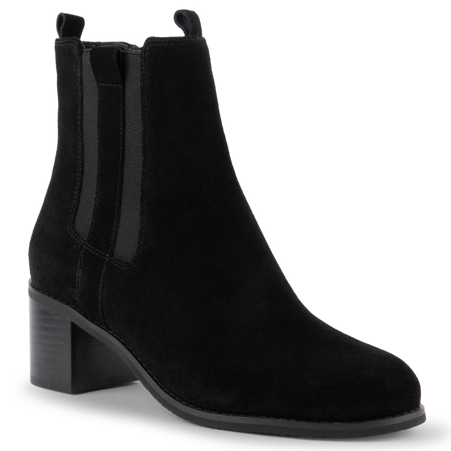 Black suede ankle boot with a block heel and inside zipper, pictured on a white background. Blondo Mallory dress boot for women. 