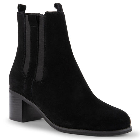 Black suede ankle boot with a block heel and inside zipper, pictured on a white background. Blondo Mallory dress boot for women. 