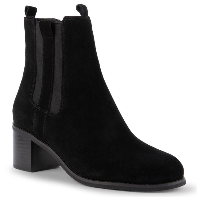 Black suede ankle boot with a block heel and inside zipper, pictured on a white background. Blondo Mallory dress boot for women. 