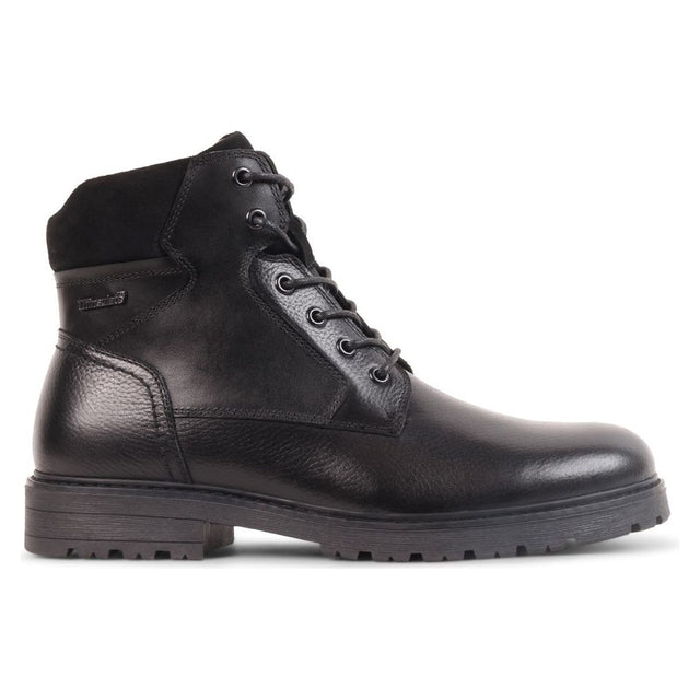 Black leather lace-up boot with padded ankle collar, Thinsulate tag, low block heel, and lug sole. Blondo Style #B1426