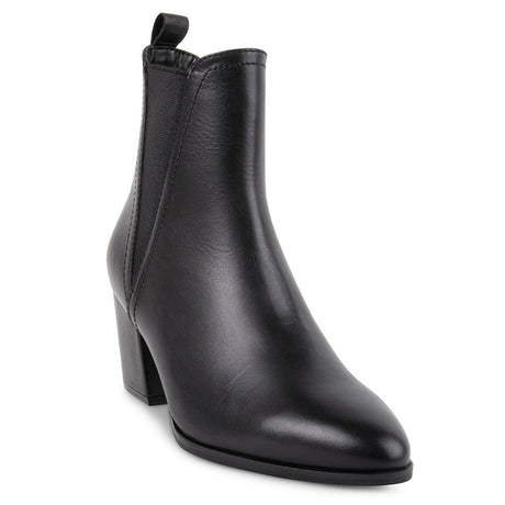 A black leather ankle boot with a side zipper and a heel, on a white background. Waterproof womans dress boot by Blondo - in wide width. 