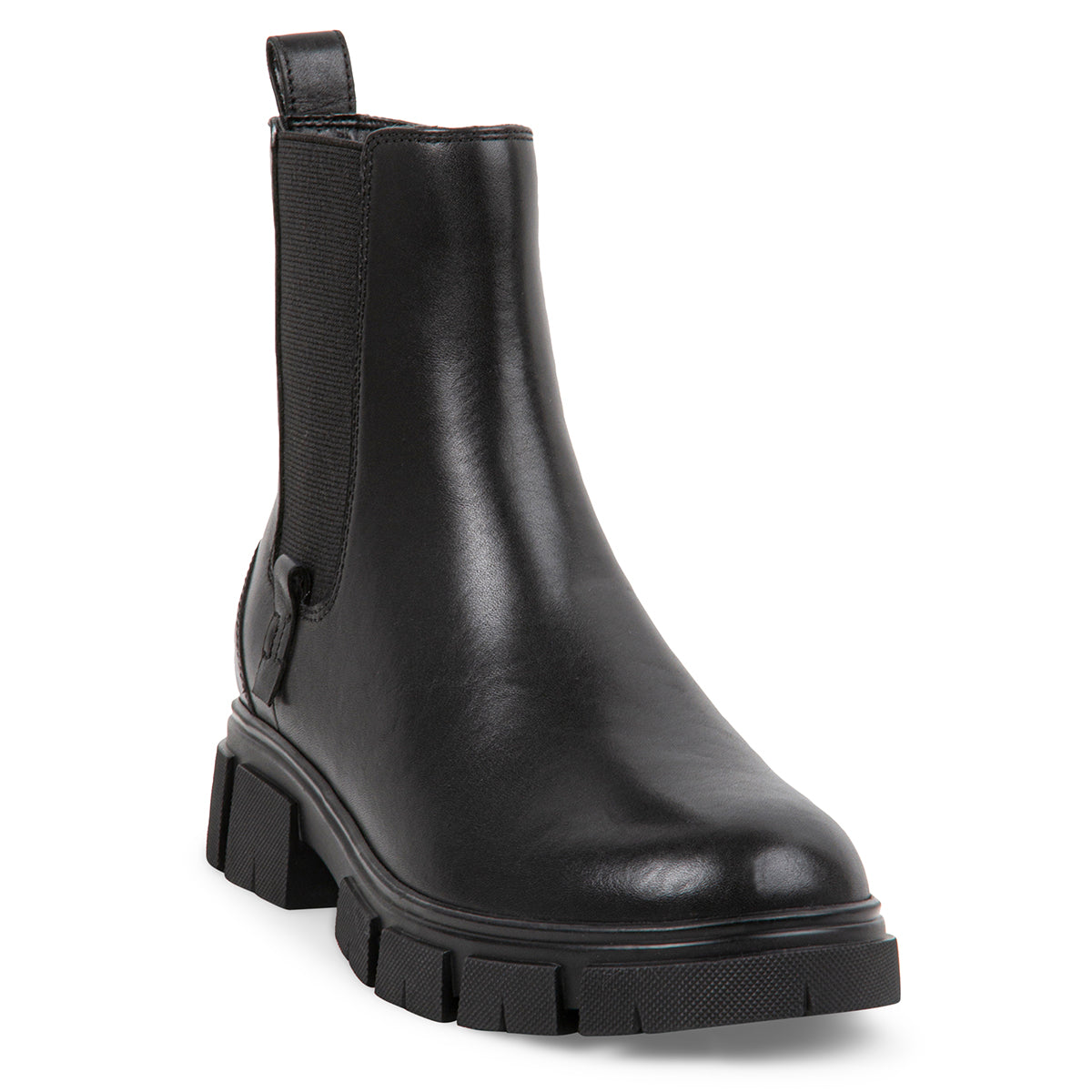 A black smooth leather ankle boot with a side zipper and a chunky natural rubber sole. Womens waterproof luxury boot. Penny by Blondo.